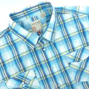 Roper Western Shirt Mens 3XL Blue Green Cotton Plaid Long Sleeve Cowboy